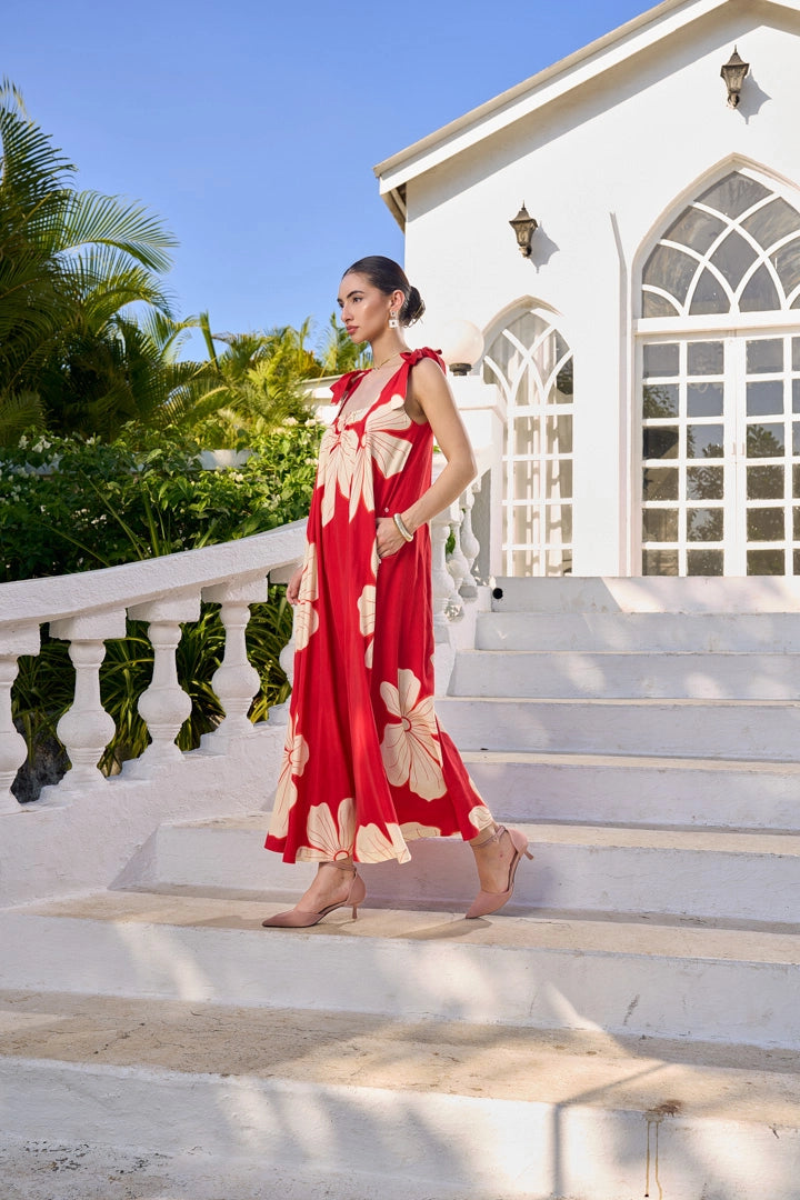 Crimson Hibiscus Maxi Dress