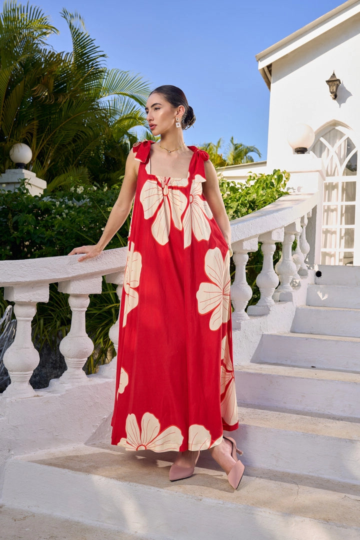 Crimson Hibiscus Maxi Dress