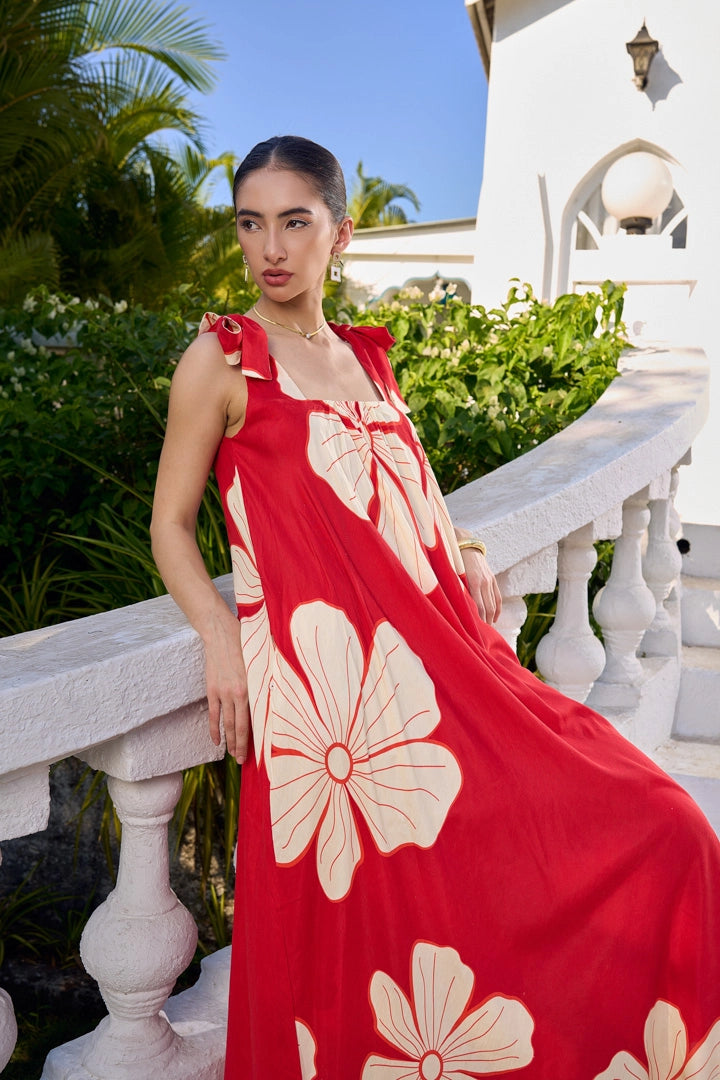 Crimson Hibiscus Maxi Dress