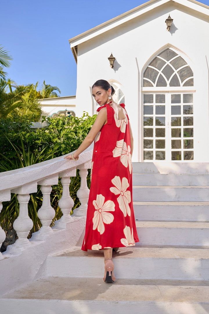 Crimson Hibiscus Maxi Dress