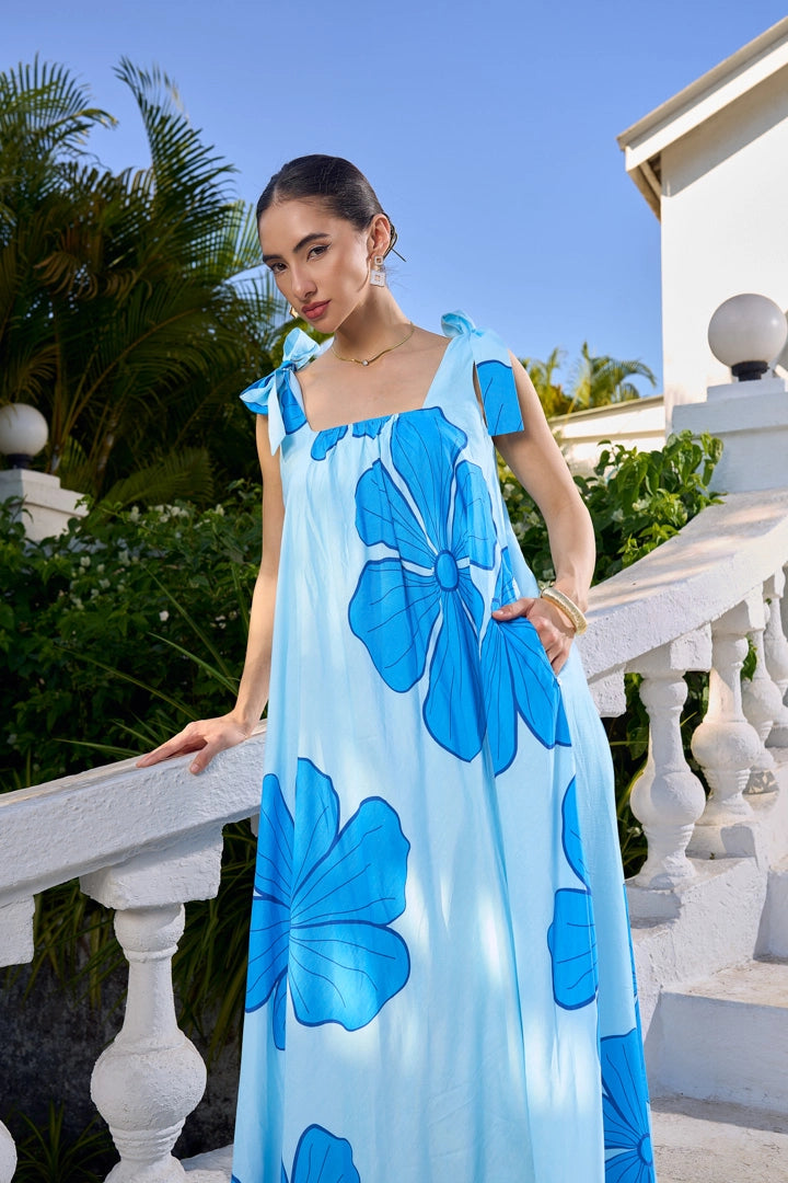Azure Hibiscus Maxi Dress