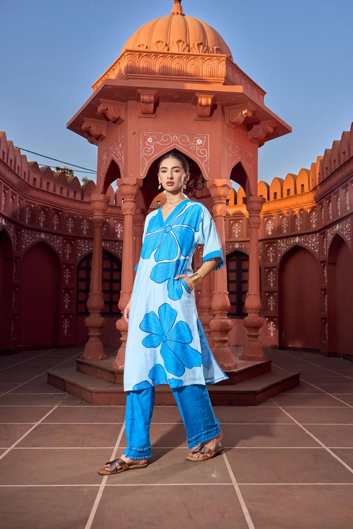Azure Hibiscus Kurti &amp; Pant