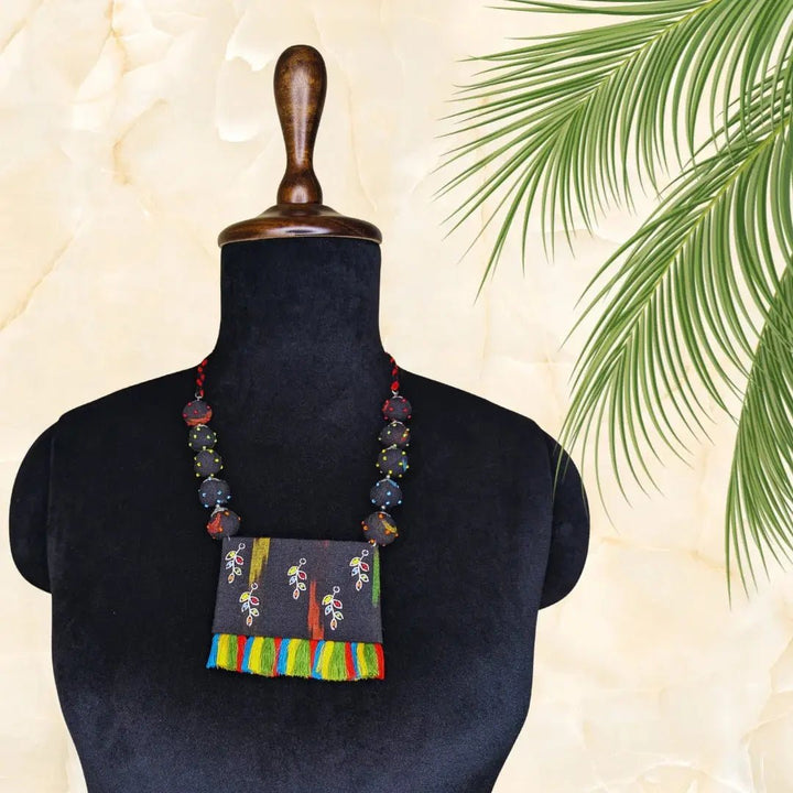 Black Ikat Pendent Necklace With Earring - MAGS By Sananda Basak - A Sustainable Fashion Brand