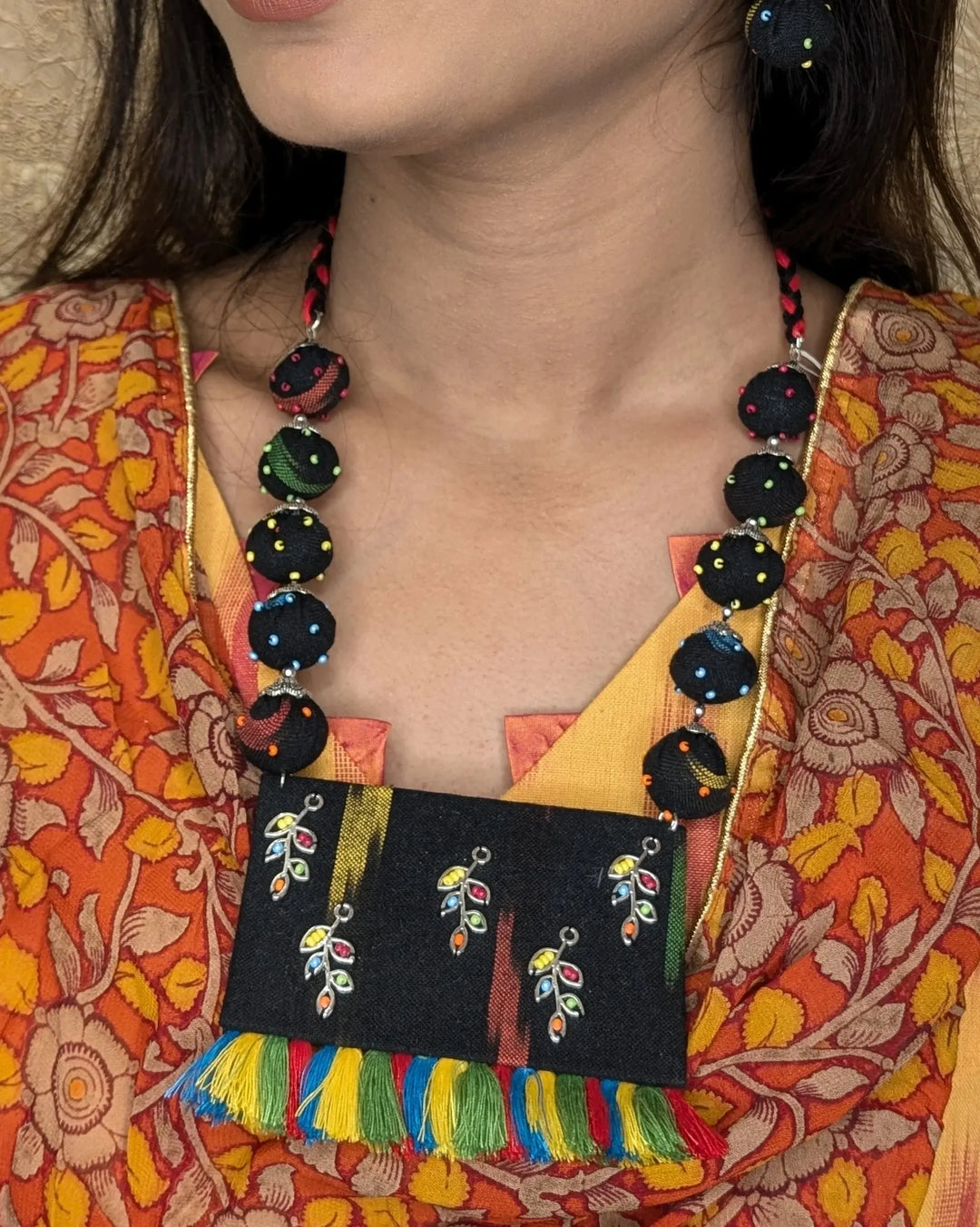 Black Ikat Pendent Necklace With Earring - MAGS By Sananda Basak - A Sustainable Fashion Brand