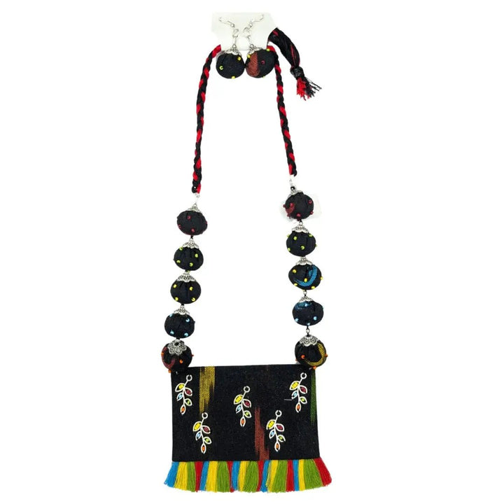 Black Ikat Pendent Necklace With Earring - MAGS By Sananda Basak - A Sustainable Fashion Brand
