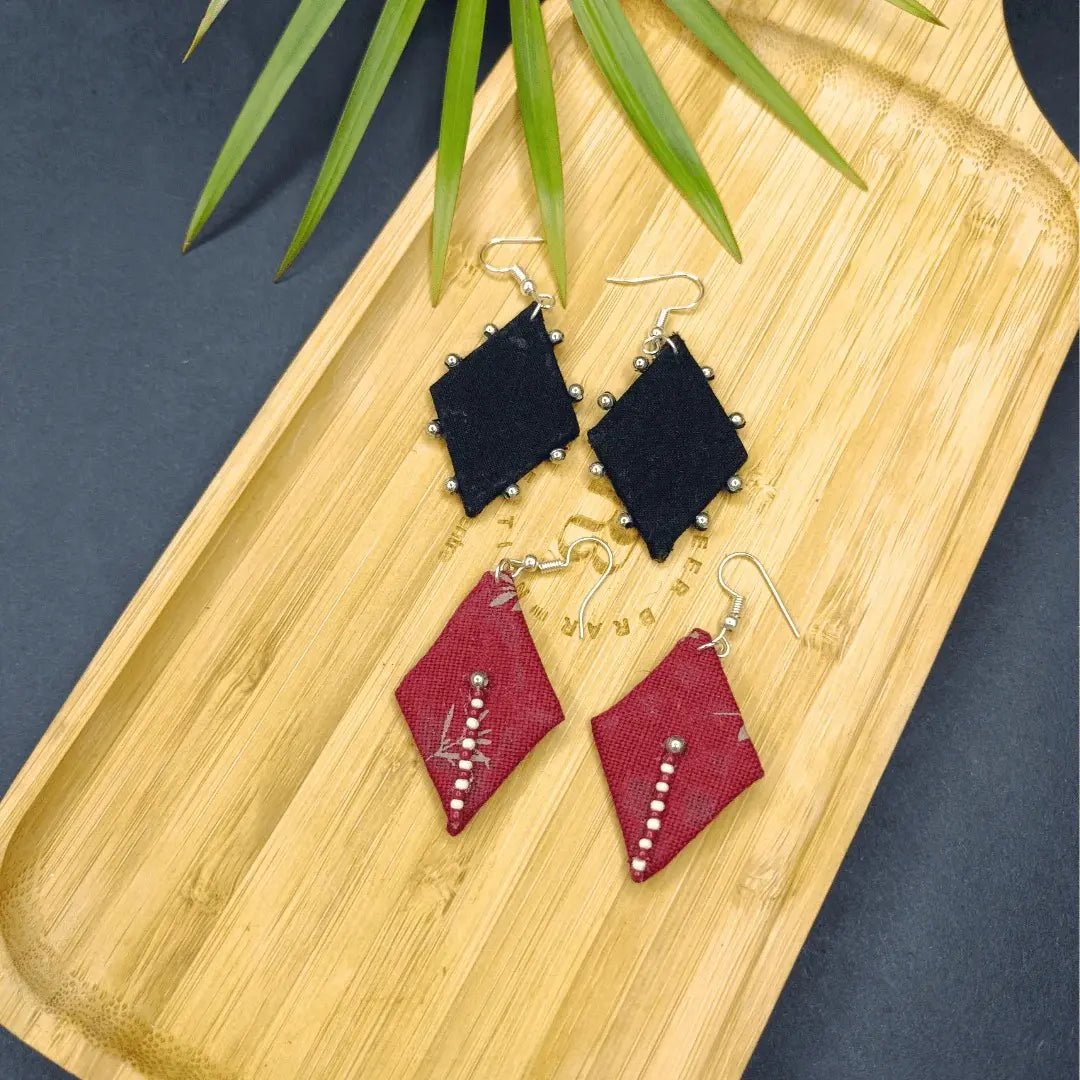 Black & Maroon Combo Set Of Two Diamond Shape Dangler - MAGS By Sananda Basak - A Sustainable Fashion Brand