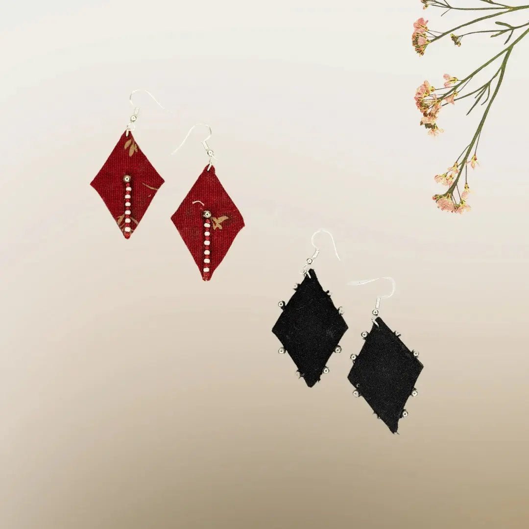 Black & Maroon Combo Set Of Two Diamond Shape Dangler - MAGS By Sananda Basak - A Sustainable Fashion Brand