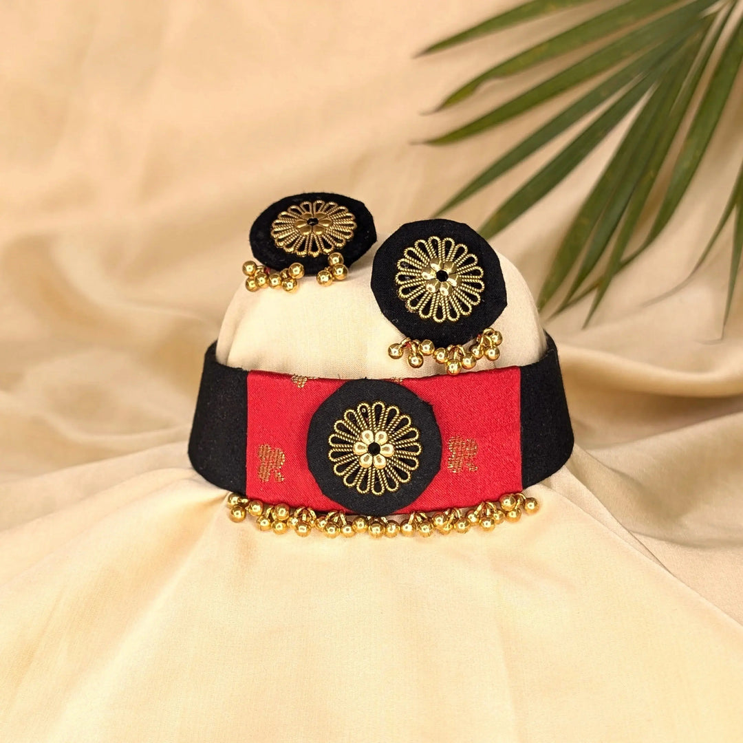 Black & Red Flower Choker With Earring - MAGS By Sananda Basak - A Sustainable Fashion Brand