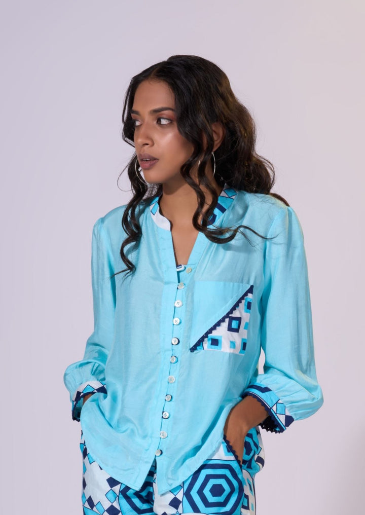 Skyfall Blue Shirt - Eco-friendly luxury resort wear Diwali offers – women's casual fashion by Sananda Basak - MAGS By Sananda Basak - Pune INDIA