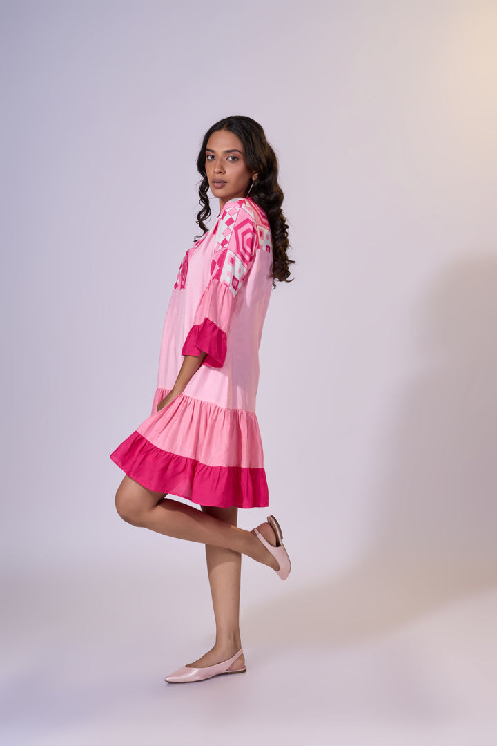 Rosy Mirage Flare Dress - Eco-friendly luxury resort wear Diwali offers – women's casual fashion by Sananda Basak - MAGS By Sananda Basak - Pune INDIA