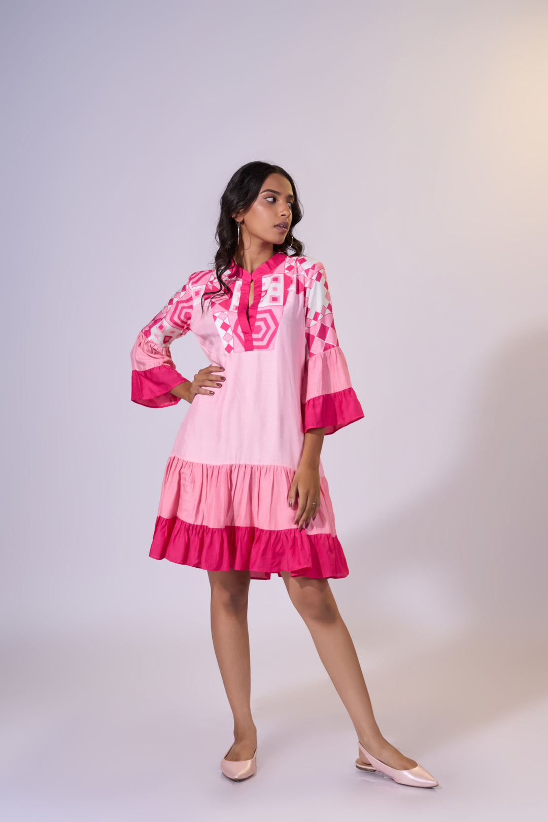 Rosy Mirage Flare Dress - Eco-friendly luxury resort wear Diwali offers – women's casual fashion by Sananda Basak - MAGS By Sananda Basak - Pune INDIA