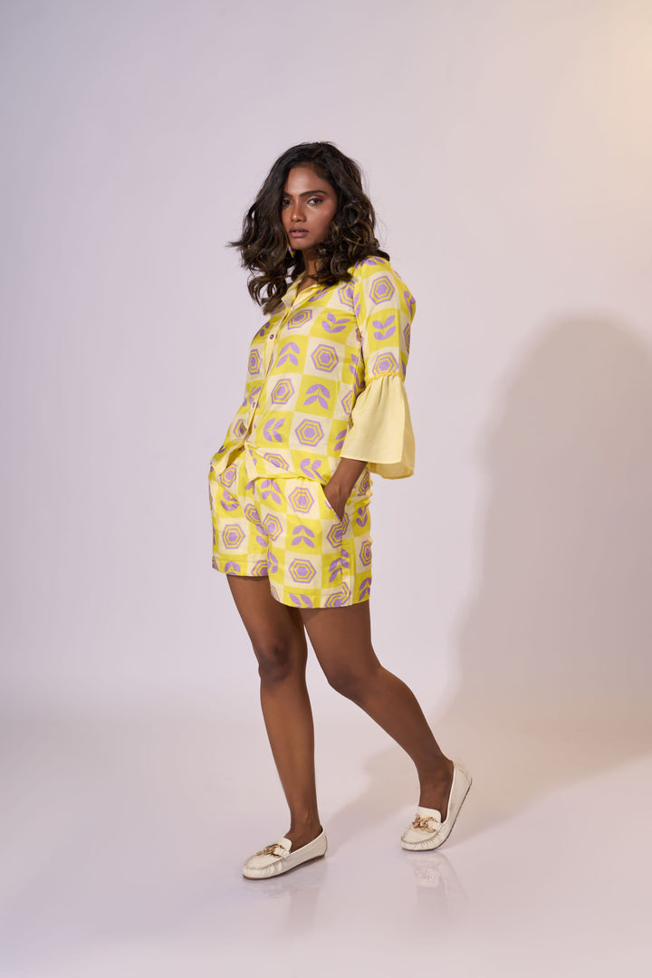 Golden Horizon Shorts Set - Eco-friendly luxury resort wear Diwali offers – women's casual fashion by Sananda Basak - MAGS By Sananda Basak - Pune INDIA