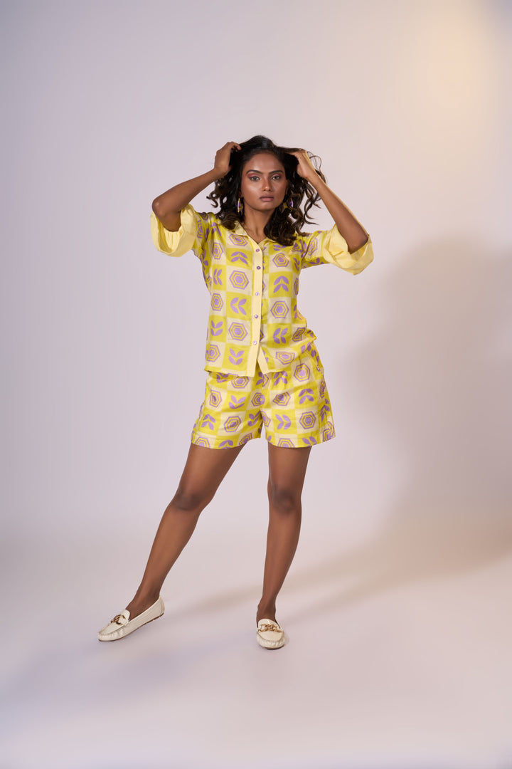 Golden Horizon Shorts Set - Eco-friendly luxury resort wear Diwali offers – women's casual fashion by Sananda Basak - MAGS By Sananda Basak - Pune INDIA