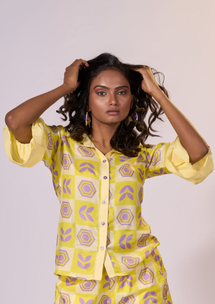 Golden Horizon Frilled Shirt - LUXURY RESORT CASUALS SUSTAINABLE FABRICS - MAGS By Sananda Basak - Pune INDIA