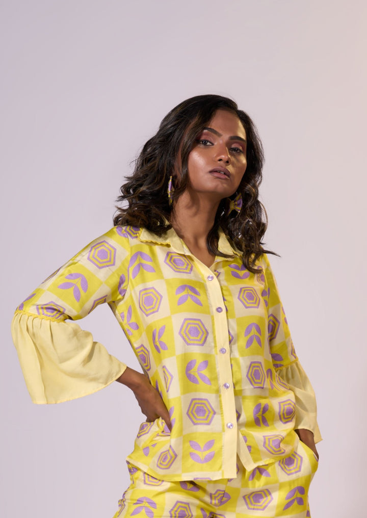 Golden Horizon Frilled Shirt - Eco-friendly luxury resort wear Diwali offers – women's casual fashion by Sananda Basak - MAGS By Sananda Basak - Pune INDIA