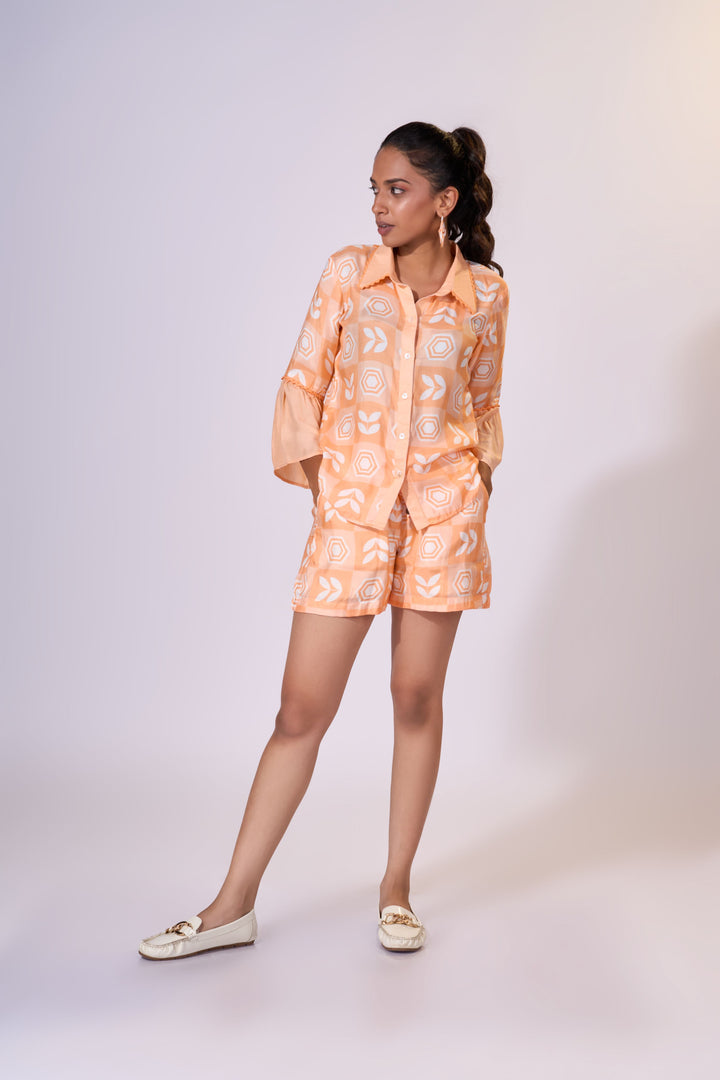 Peach Sunset Shorts Set - Eco-friendly luxury resort wear Diwali offers – women's casual fashion by Sananda Basak - MAGS By Sananda Basak - Pune INDIA