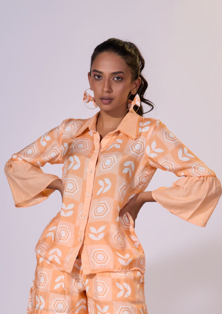 Peach Bellini Frilled Shirt - Eco-friendly luxury resort wear Diwali offers – women's casual fashion by Sananda Basak - MAGS By Sananda Basak - Pune INDIA