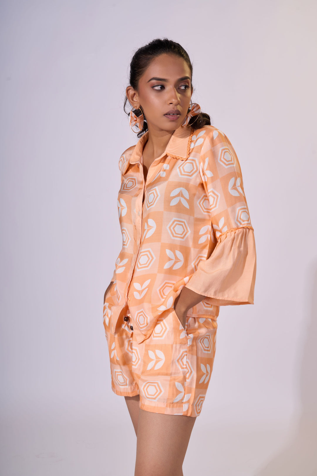 Peach Sunset Shorts Set - Eco-friendly luxury resort wear Diwali offers – women's casual fashion by Sananda Basak - MAGS By Sananda Basak - Pune INDIA