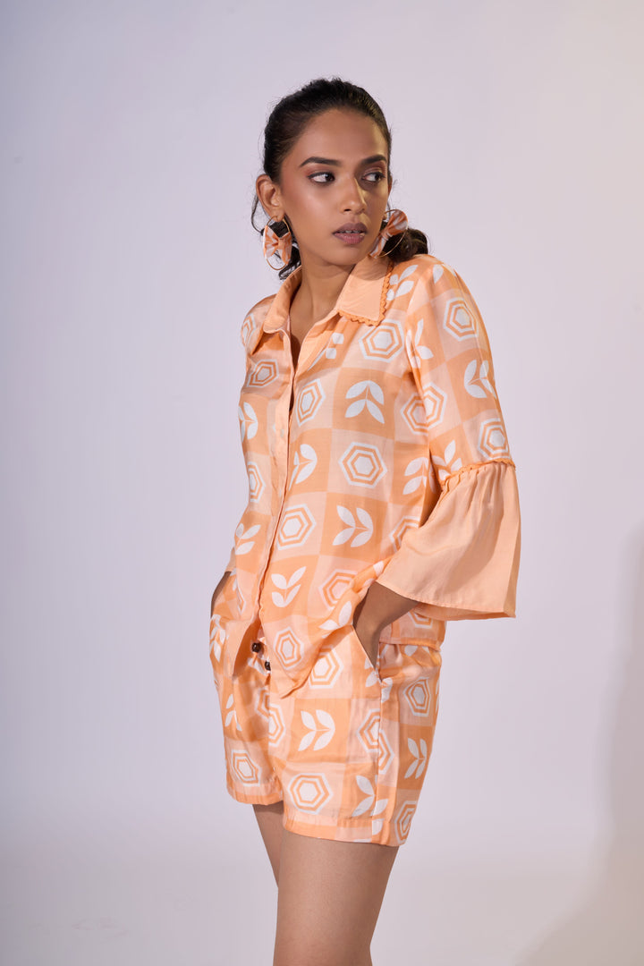 Peach Sunset Shorts Set - LUXURY RESORT CASUALS SUSTAINABLE FABRICS - MAGS By Sananda Basak - Pune INDIA