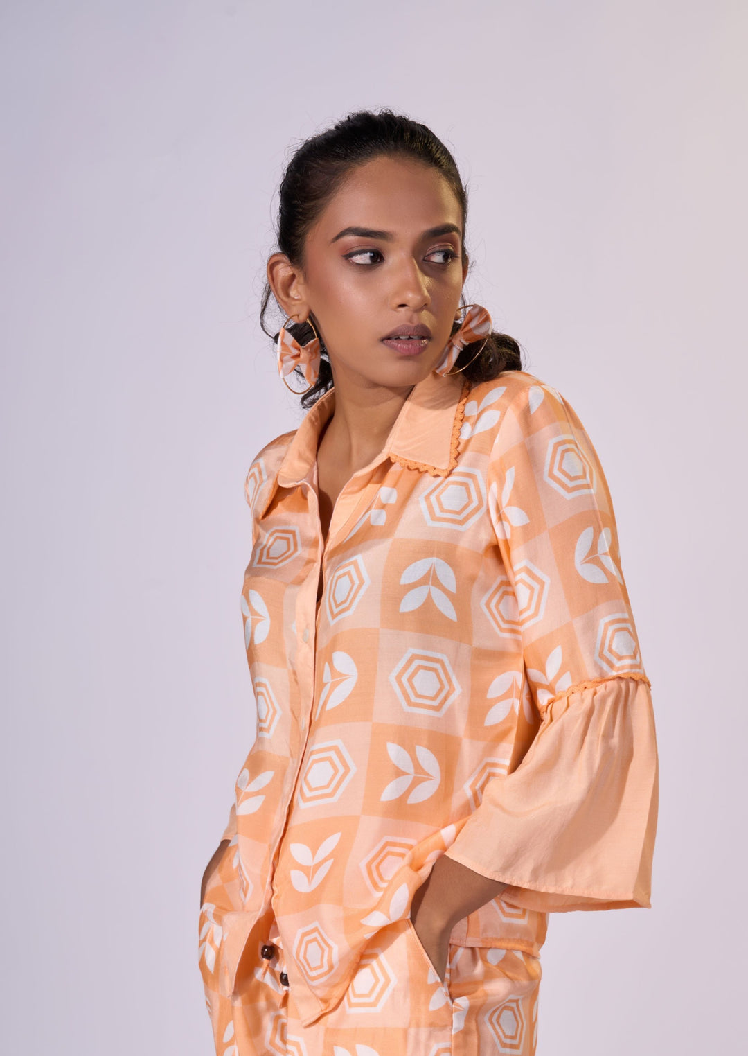 Peach Bellini Frilled Shirt - LUXURY RESORT CASUALS SUSTAINABLE FABRICS - MAGS By Sananda Basak - Pune INDIA