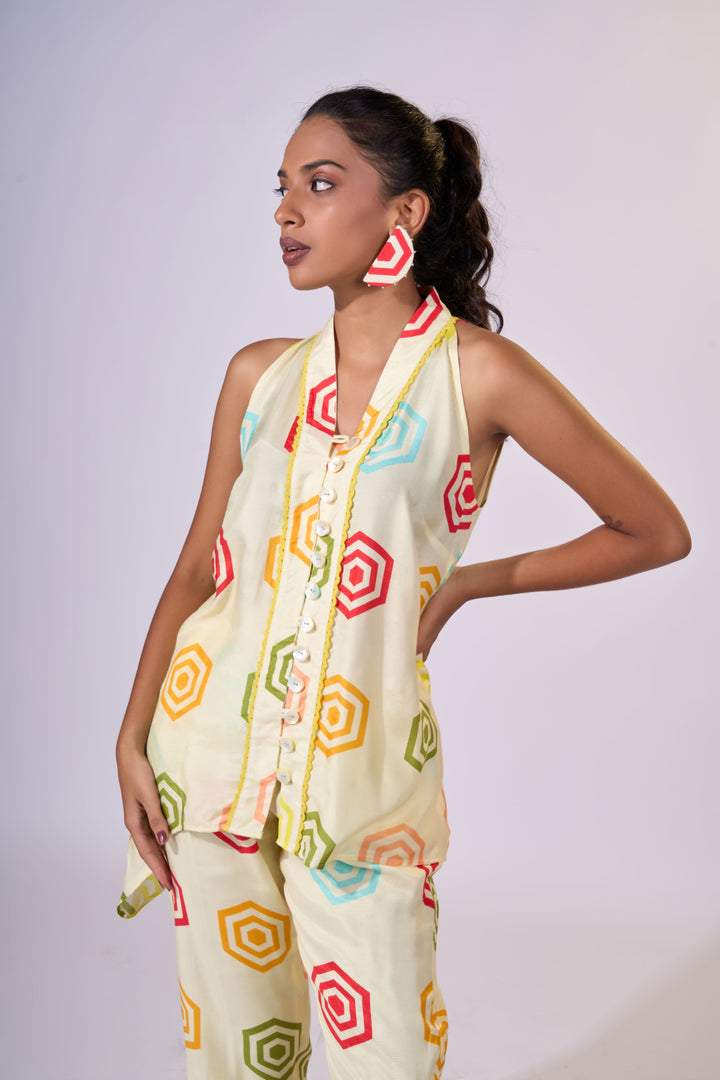 Lemon Twist Asymmetric Top - Eco-friendly luxury resort wear Diwali offers – women's casual fashion by Sananda Basak - MAGS By Sananda Basak - Pune INDIA