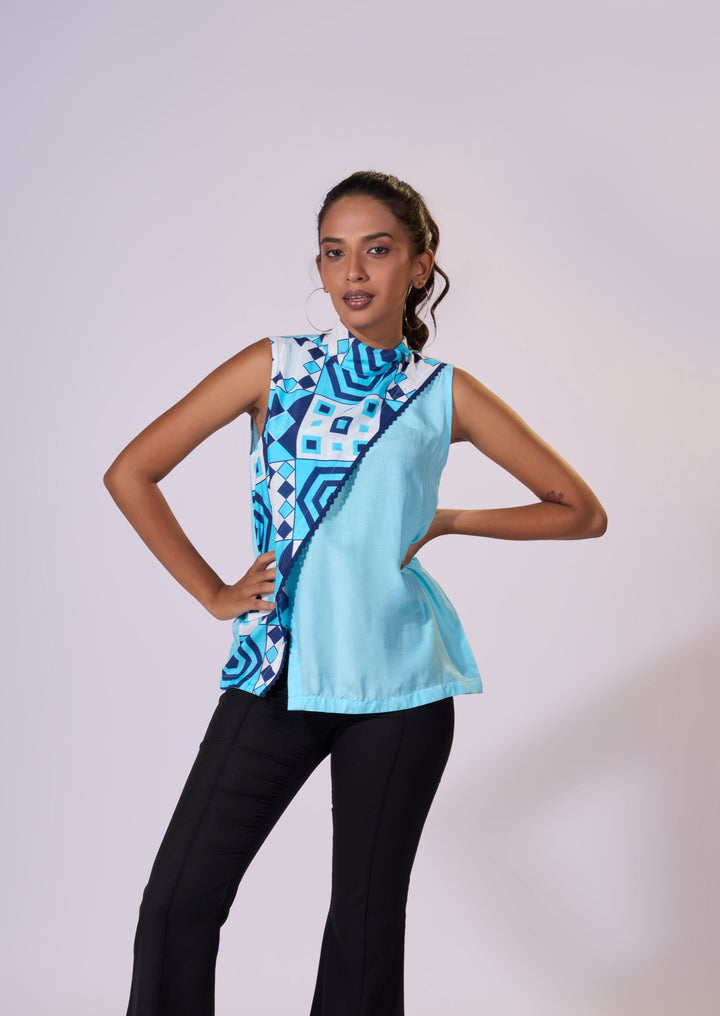 Aqua Whisper Overlap Top - Eco-friendly luxury resort wear Diwali offers – women's casual fashion by Sananda Basak - MAGS By Sananda Basak - Pune INDIA