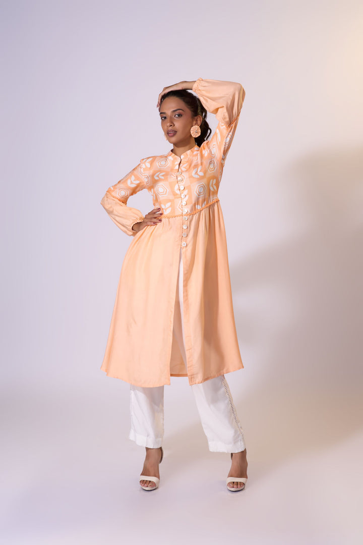 Apricot Delight Long Jacket - Eco-friendly luxury resort wear Diwali offers – women's casual fashion by Sananda Basak - MAGS By Sananda Basak - Pune INDIA