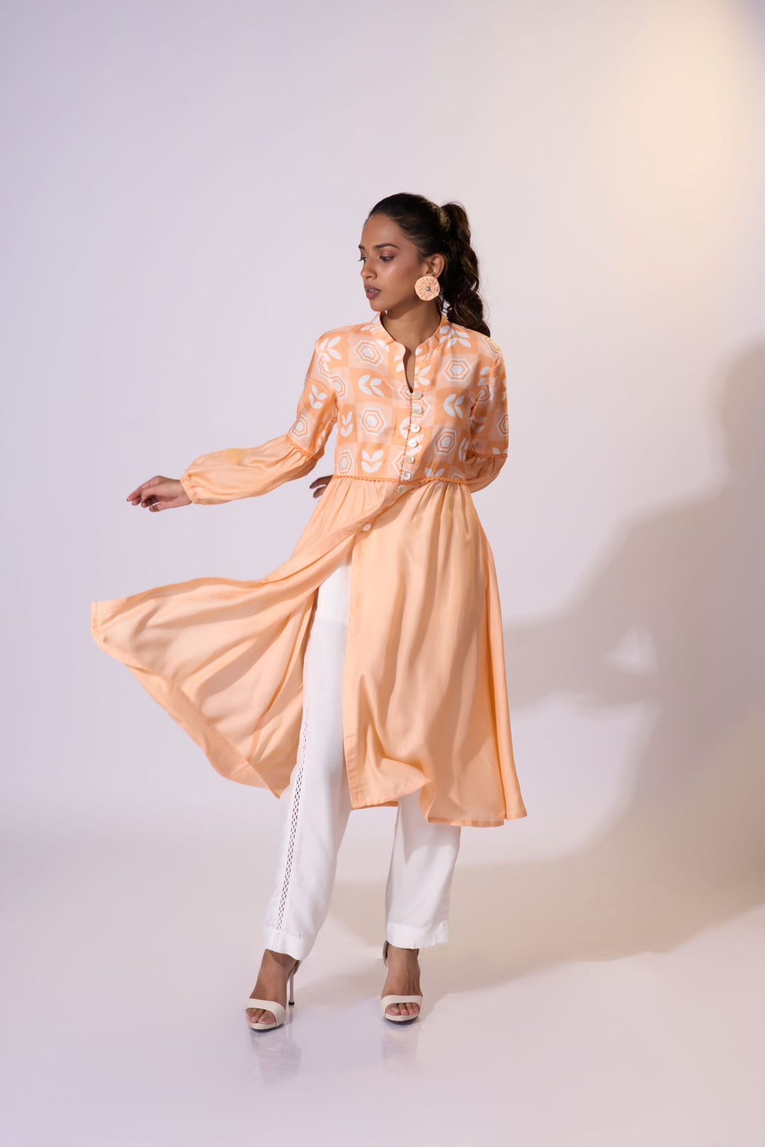 Apricot Delight Long Jacket - Eco-friendly luxury resort wear Diwali offers – women's casual fashion by Sananda Basak - MAGS By Sananda Basak - Pune INDIA