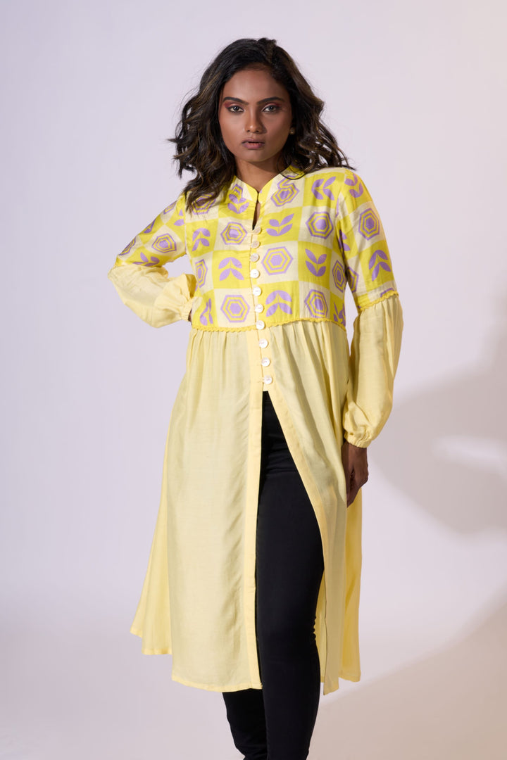 Sunshine Hues Long Jacket - Eco-friendly luxury resort wear Diwali offers – women's casual fashion by Sananda Basak - MAGS By Sananda Basak - Pune INDIA