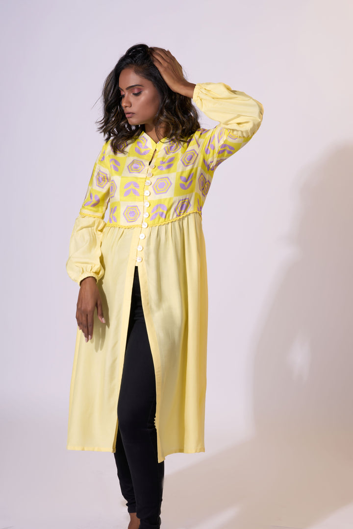 Sunshine Hues Long Jacket - Eco-friendly luxury resort wear Diwali offers – women's casual fashion by Sananda Basak - MAGS By Sananda Basak - Pune INDIA