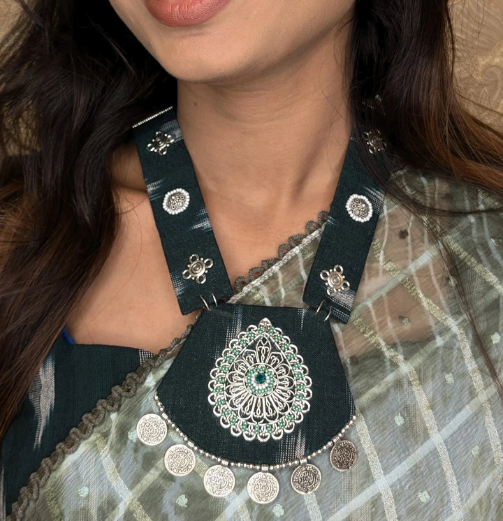 Green Ikat Pendent Necklace With Earring - MAGS By Sananda Basak - A Sustainable Fashion Brand