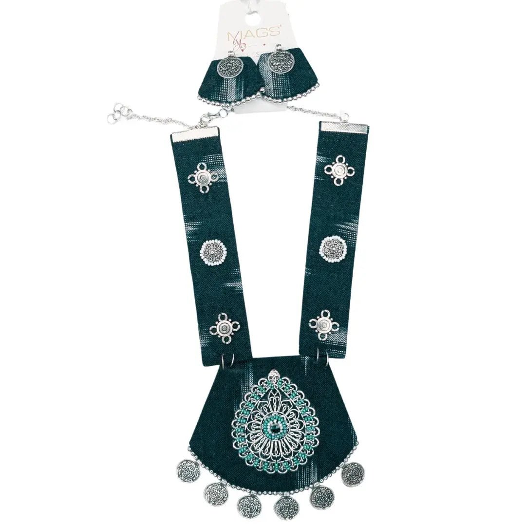 Green Ikat Pendent Necklace With Earring - MAGS By Sananda Basak - A Sustainable Fashion Brand