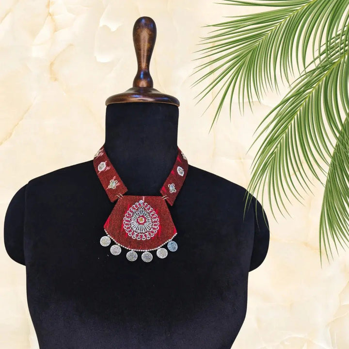 Maroon Ikat Pendent Necklace With Earring - MAGS By Sananda Basak - A Sustainable Fashion Brand