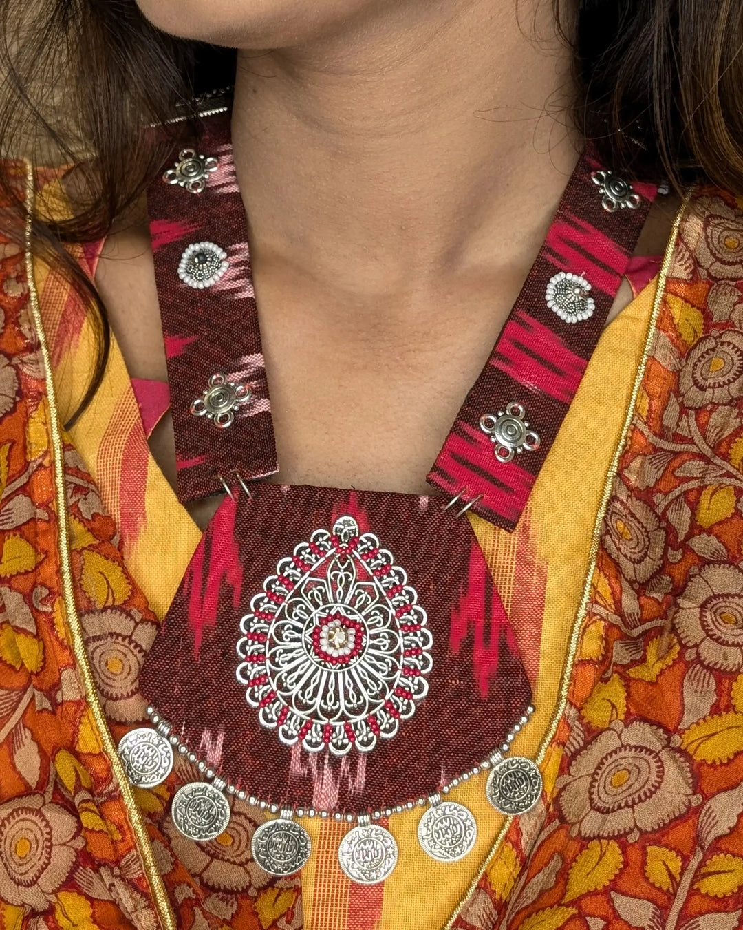 Maroon Ikat Pendent Necklace With Earring - MAGS By Sananda Basak - A Sustainable Fashion Brand