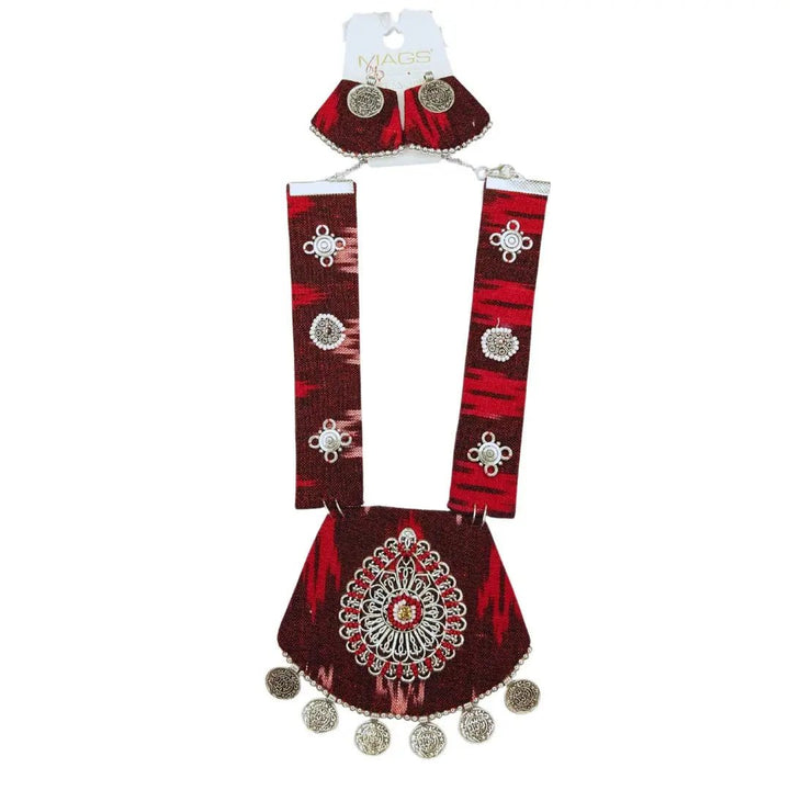 Maroon Ikat Pendent Necklace With Earring - MAGS By Sananda Basak - A Sustainable Fashion Brand
