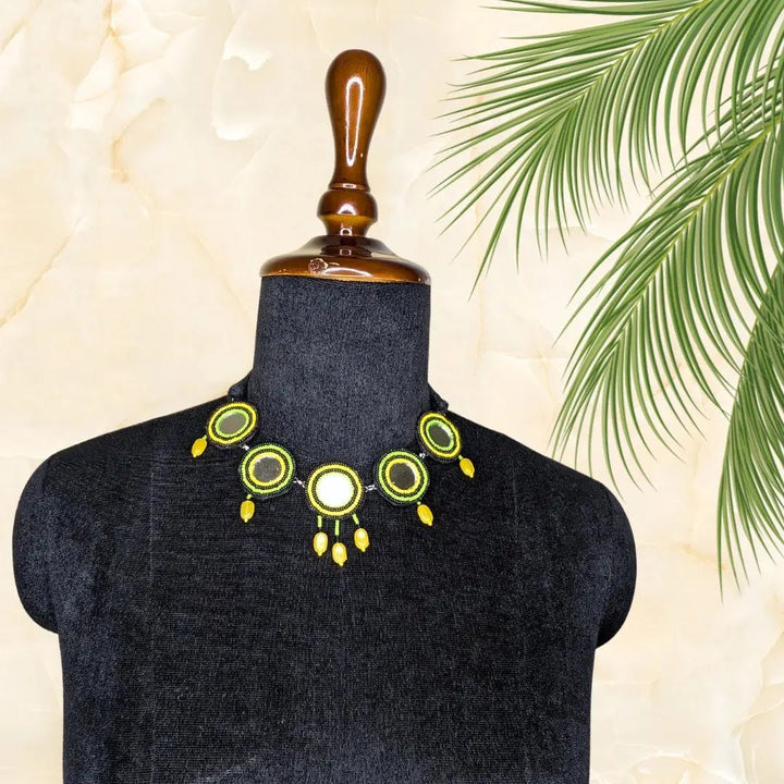 Mirror And Black Bead Choker With Earring - MAGS By Sananda Basak - A Sustainable Fashion Brand