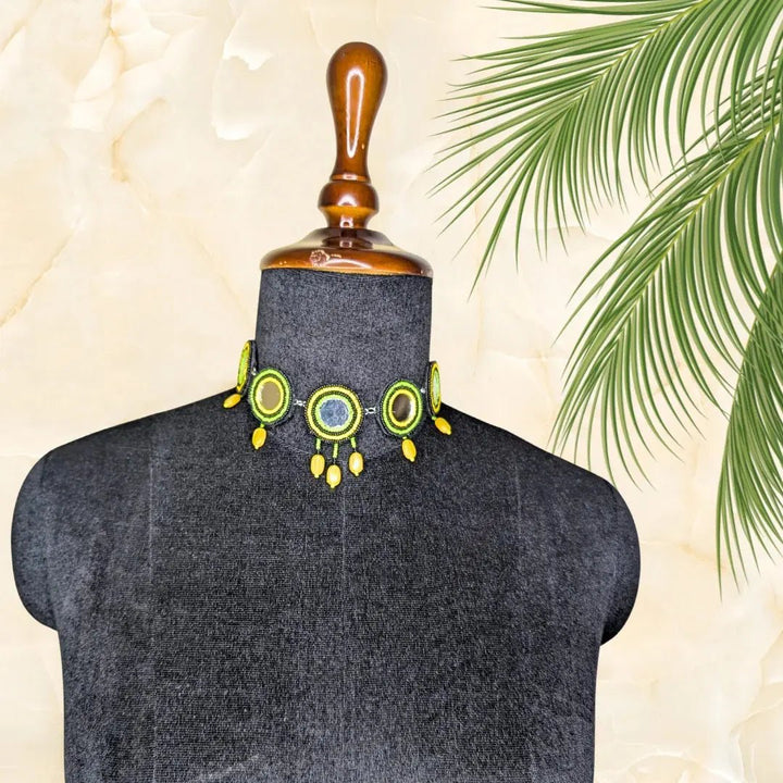 Mirror And Black Bead Choker With Earring - MAGS By Sananda Basak - A Sustainable Fashion Brand