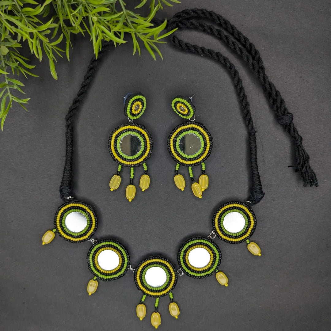 Mirror And Black Bead Choker With Earring - MAGS By Sananda Basak - A Sustainable Fashion Brand