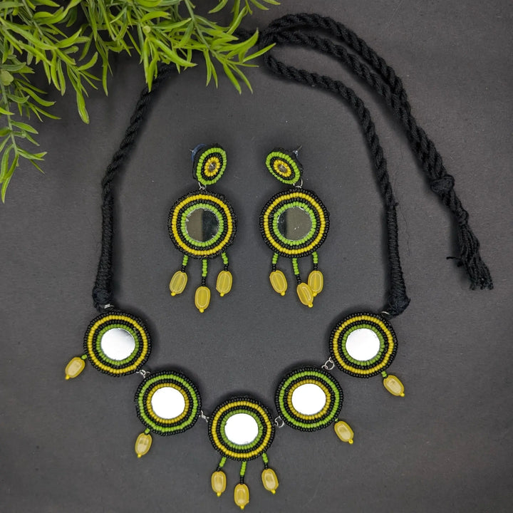 Mirror And Black Bead Choker With Earring - MAGS By Sananda Basak - A Sustainable Fashion Brand
