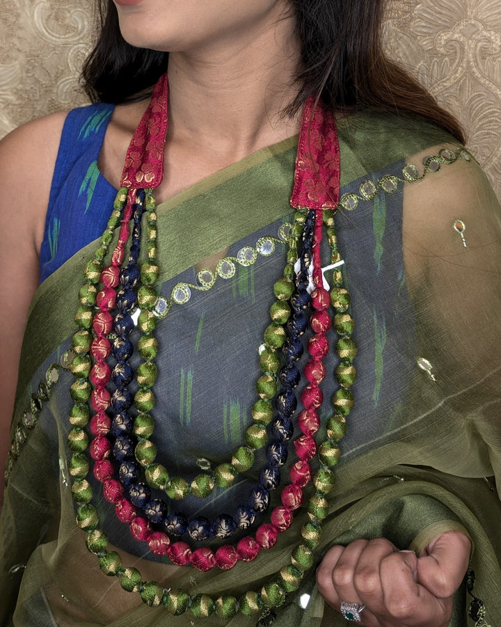 Brocade Four Layered Necklace With Earring - Eco-friendly luxury resort wear Diwali offers – women's casual fashion by Sananda Basak - MAGS By Sananda Basak - Pune INDIA