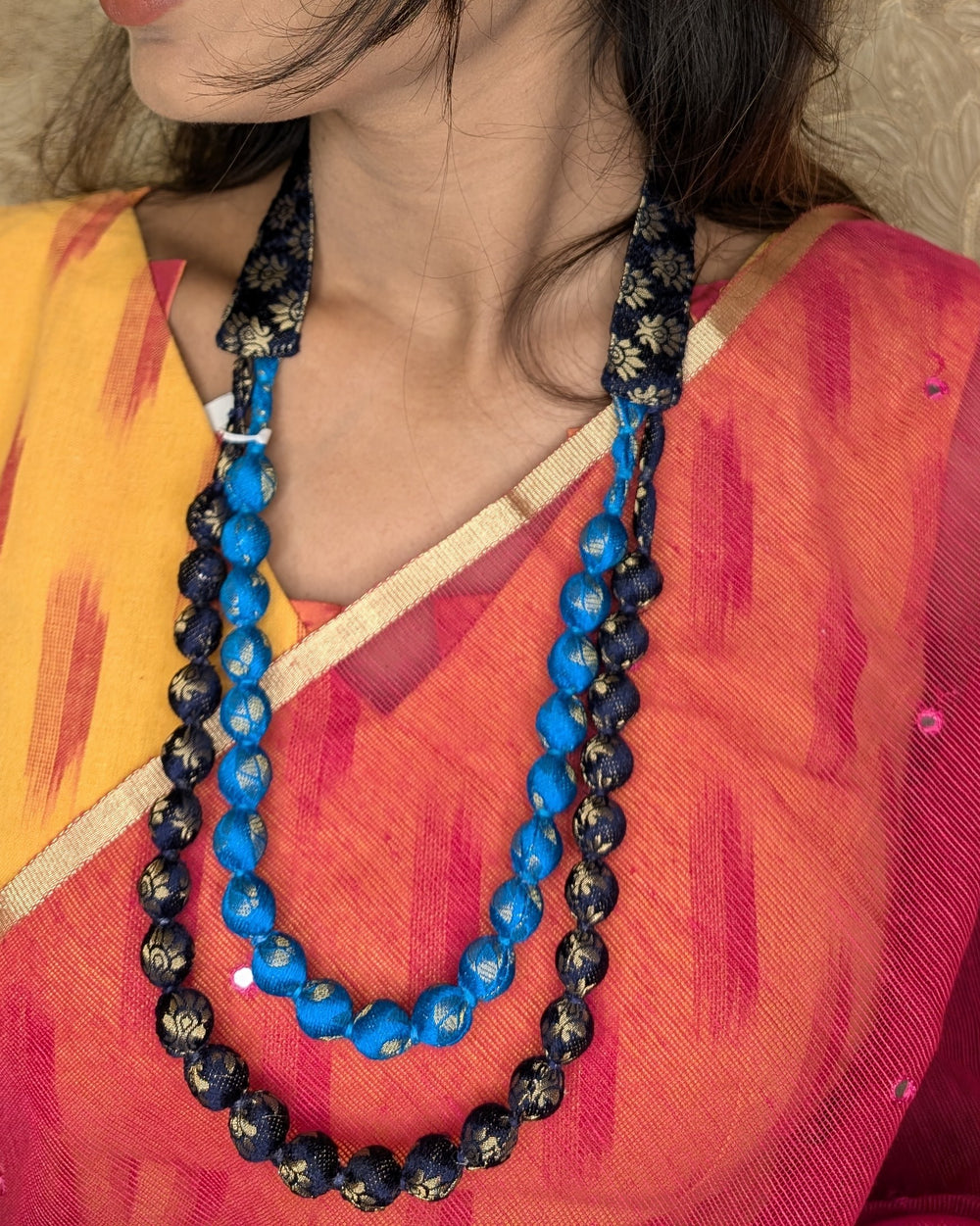 Brocade Two Layered Necklace With Earring - Eco-friendly luxury resort wear Diwali offers – women's casual fashion by Sananda Basak - MAGS By Sananda Basak - Pune INDIA