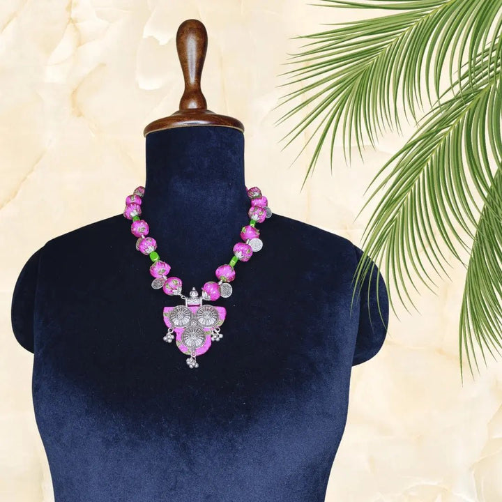Pink Potli Allure Necklace With Earring - MAGS By Sananda Basak - A Sustainable Fashion Brand