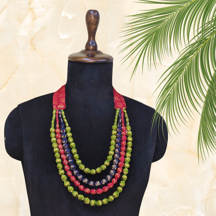 Brocade Four Layered Necklace With Earring - Eco-friendly luxury resort wear Diwali offers – women's casual fashion by Sananda Basak - MAGS By Sananda Basak - Pune INDIA