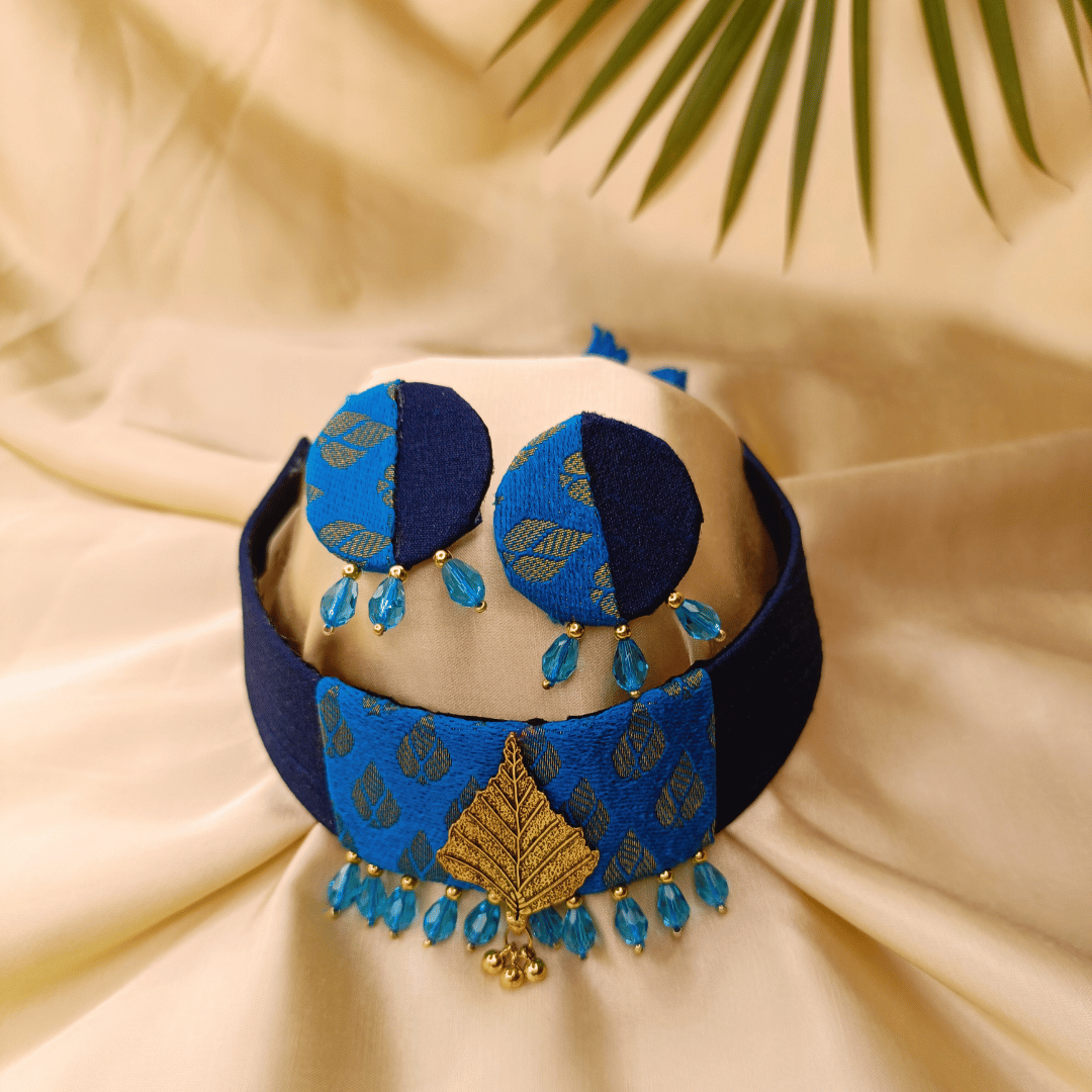 Blue Gold Leaf Choker With Earring - Eco-friendly luxury resort wear Diwali offers – women's casual fashion by Sananda Basak - MAGS By Sananda Basak - Pune INDIA