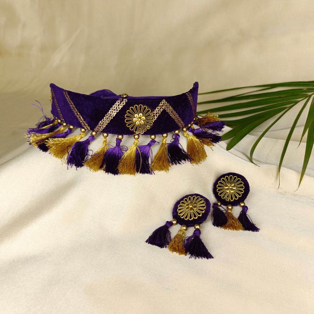 Purple Luxe Velvet Choker With Earring - Eco-friendly luxury resort wear Diwali offers – women's casual fashion by Sananda Basak - MAGS By Sananda Basak - Pune INDIA