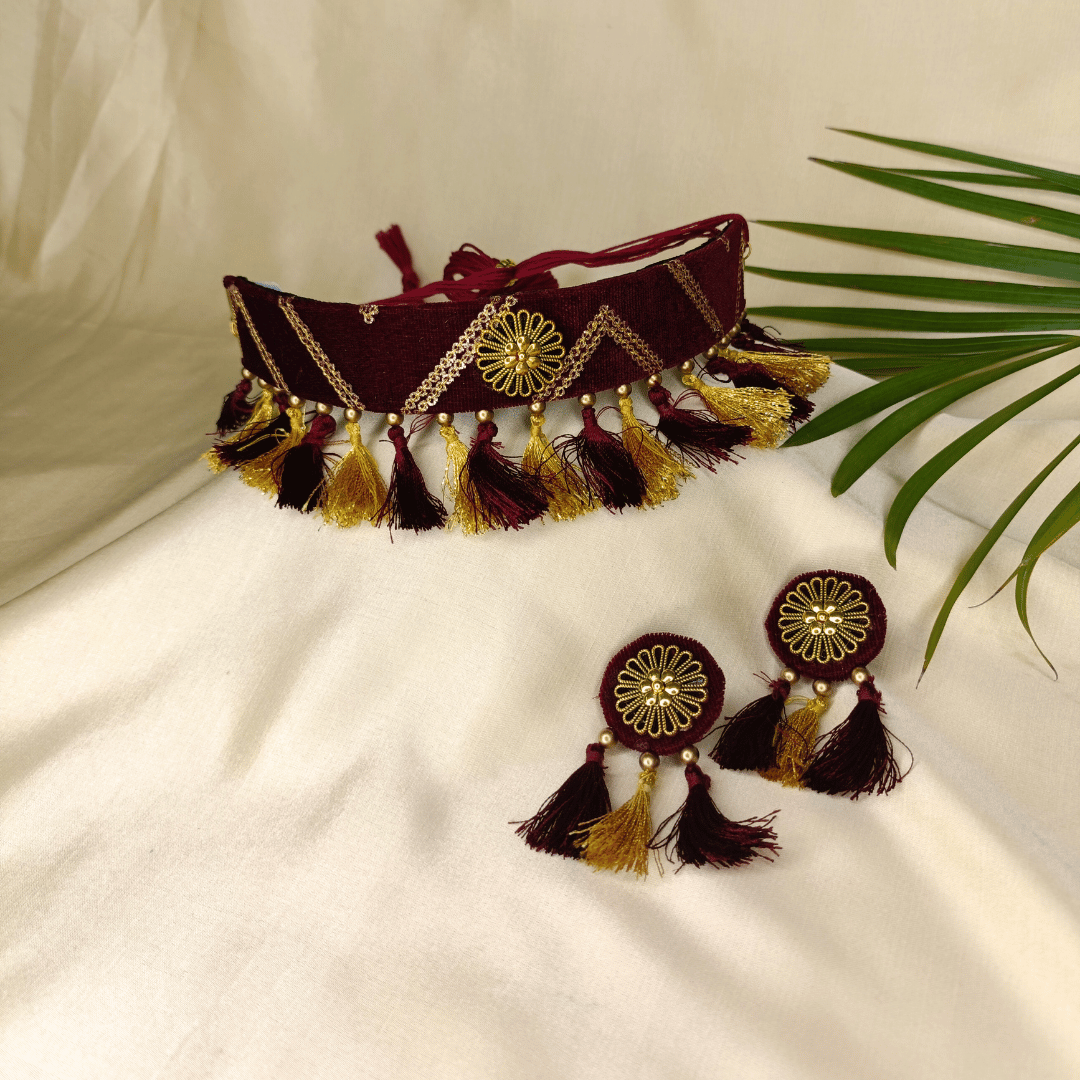 Maroon Luxe Velvet Choker With Earring - Eco-friendly luxury resort wear Diwali offers – women's casual fashion by Sananda Basak - MAGS By Sananda Basak - Pune INDIA