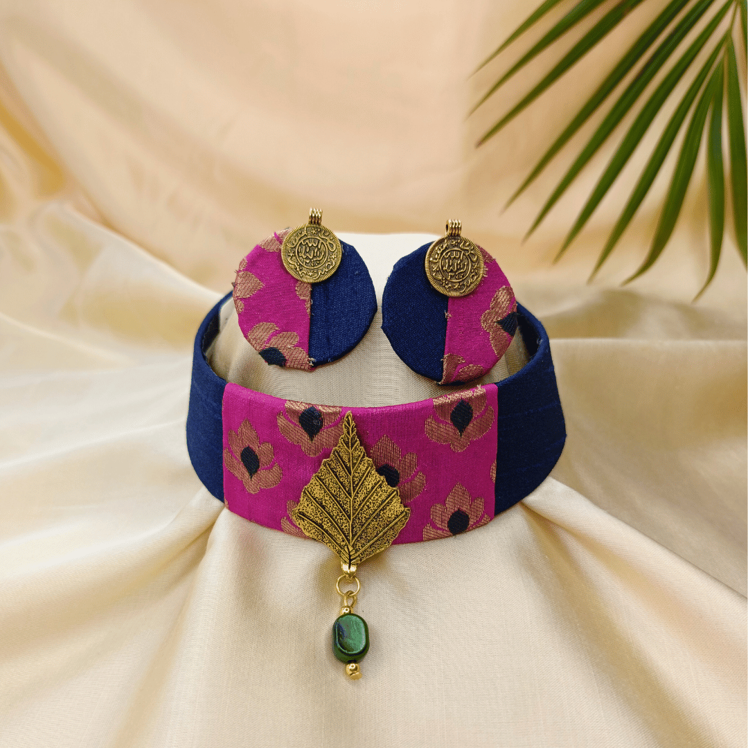 Pink Gold Leaf Choker With Earring - Eco-friendly luxury resort wear Diwali offers – women's casual fashion by Sananda Basak - MAGS By Sananda Basak - Pune INDIA