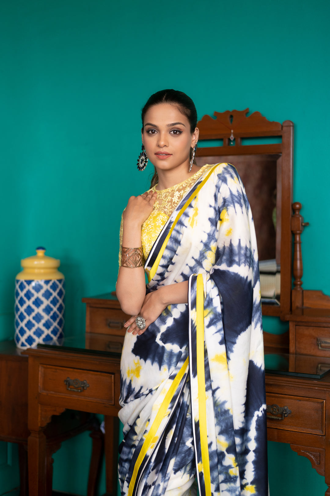 MAGS By Sananda Basak - Yellow, Blue & White Saree