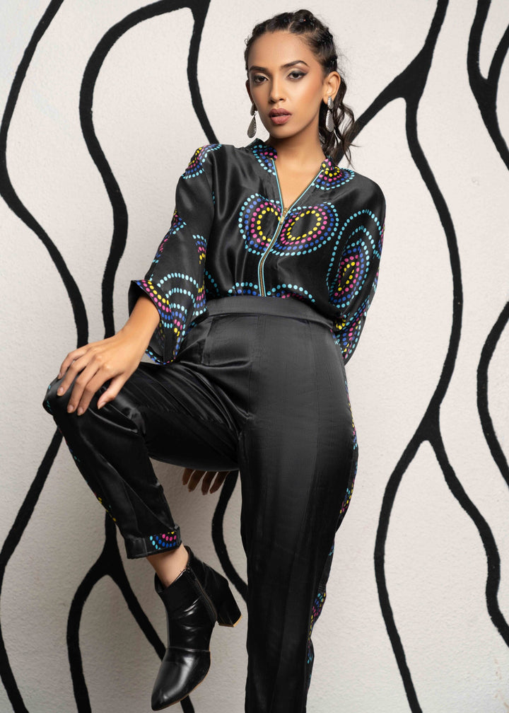 Black Shirt & Pant Set in Concentric Space Print