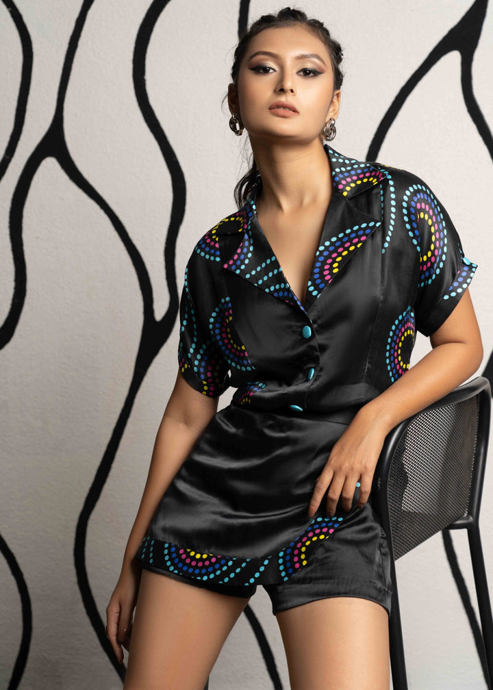 Black Shirt & Short Set in Concentric Space Print